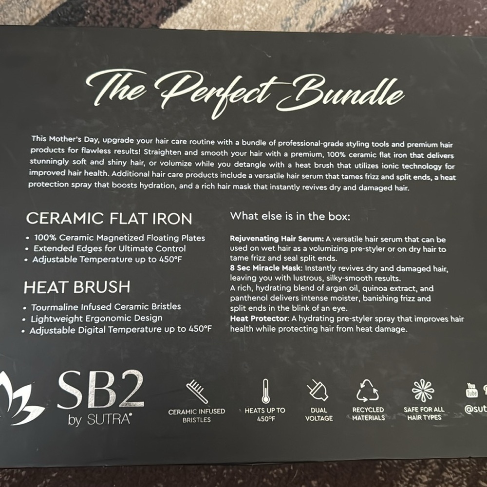 Sutra Beauty 5-Pc. Hair Styling Gift Set; Flat Iron, Heat Brush, Protectant NEW - Picture 8 of 11